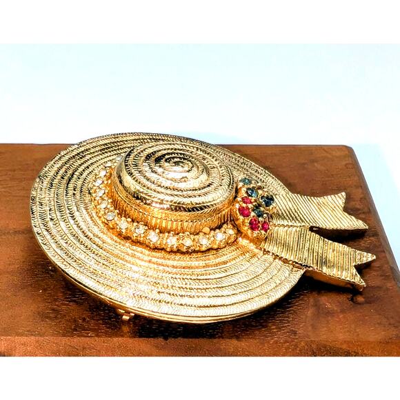 Ciner Signed VTG Gold Tone Multi-Color Clear Rhinestone Straw Hat Pin Brooch - Picture 2 of 7